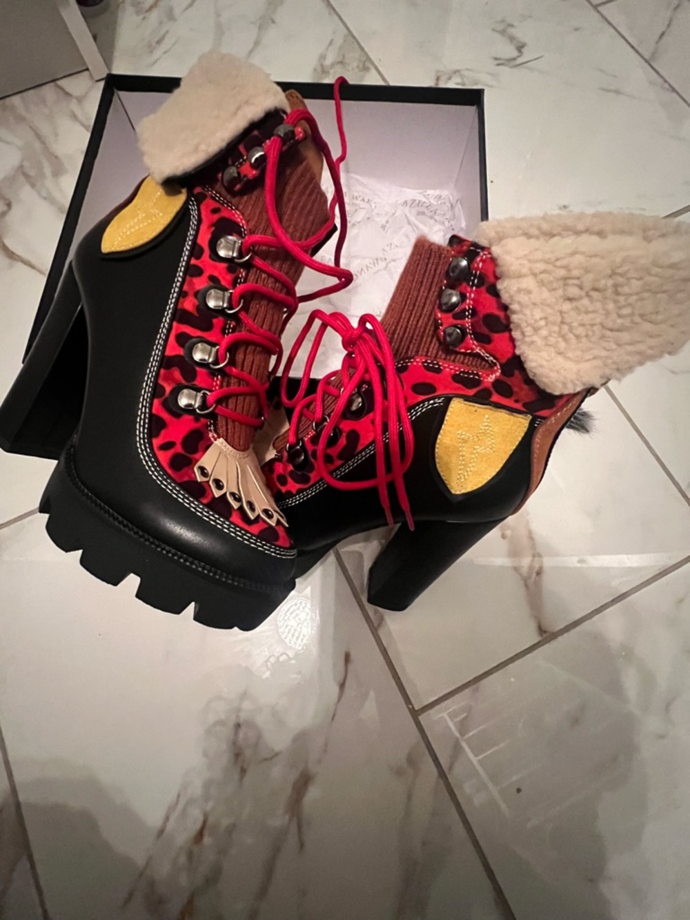 Bold Leopard-Accent Heeled Lace-Up Boots with Shearling Cuff - Black & Red